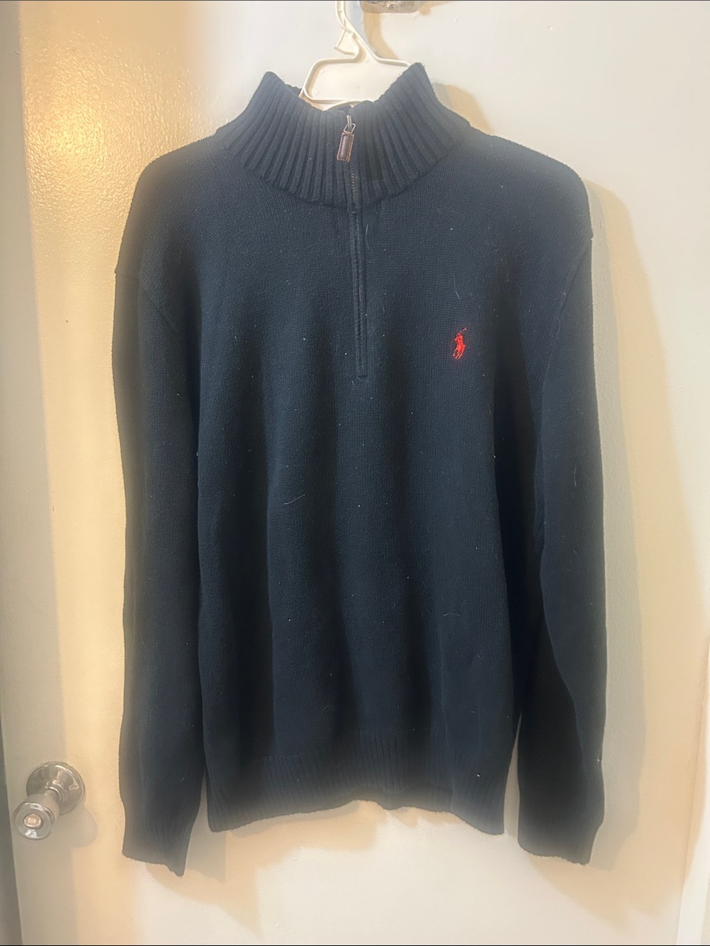 Ralph Lauren Men’s Black Quarter-Zip Mock Neck Sweater with Red Pony